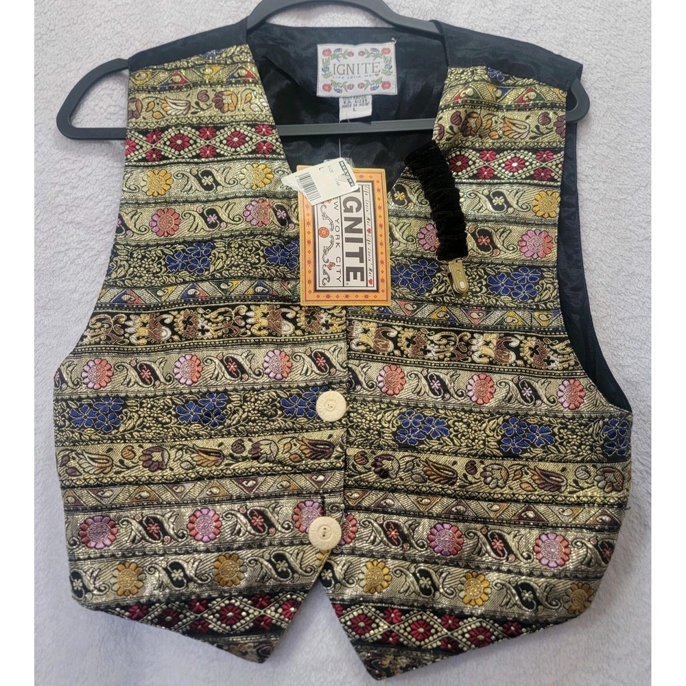 Ignite Vintage 90s Tapestry Vest Metallic Brocade Floral Waistcoat Boho Eclectic